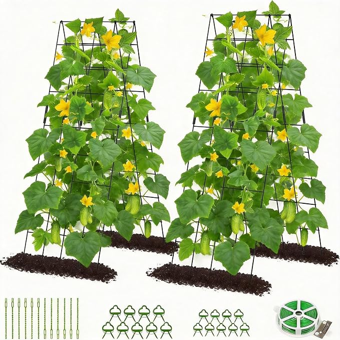 DoCred Cucumber Trellis, 59" H 2 Pack Metal Foldable Upgraded A Frame Garden Trellis for Raised Bed Climbing Plants, Vegetables, Including Plant Support Clips, Twist Ties, Plastic Ties, Black