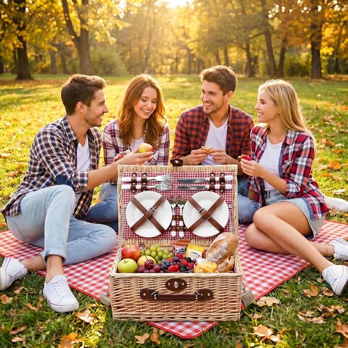 Multifunctional Wicker Picnic Basket Set for 4 Blanket Family Folding Wine Table,Insulated Portable Extra Big Storage Capacity Woven Rattan Canasta De Full Tablewares Camping Outdoor Flowers Pink