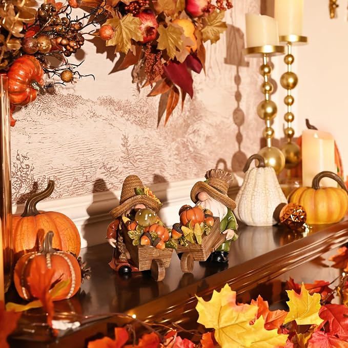 Valery Madelyn Fall Decorations for Home, 2 Pcs Fall Gnomes Decor for Table Indoor Outdoor, Resin Thanksgiving Decorations Garden Pumpkins Figurines for Autumn Harvest Porch Tiered Tray Mantel, 6"