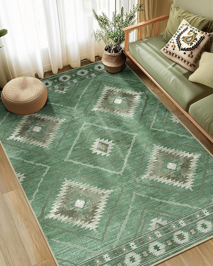 6'x9' Washable Area Rug for Living Room Bedroom Sage Green | Soft Western No Slip Low Pile Print Foldable Indoor for Kitchen Dining Room