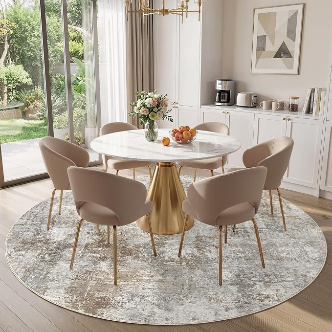 8Ft Round Area Rug Washable Abstract Rugs for Living Room Light Brown/Grey | for Bedroom, Dining Room, Office, Nursery, Soft Neutral, Low Pile Non-Slip, Kid Pet Friendly, Large Indoor Carpet, Home Decor