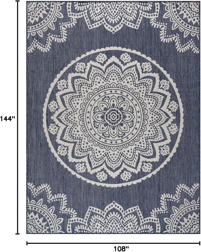CAMILSON Outdoor Rug 9x12 Modern Area Rugs for Large Indoor and Outdoor Patios and Porches - Waterproof Washable Non-Shedding, Easy-to-Clean Outside Carpet (9 x 12, Medallion - Blue/White)