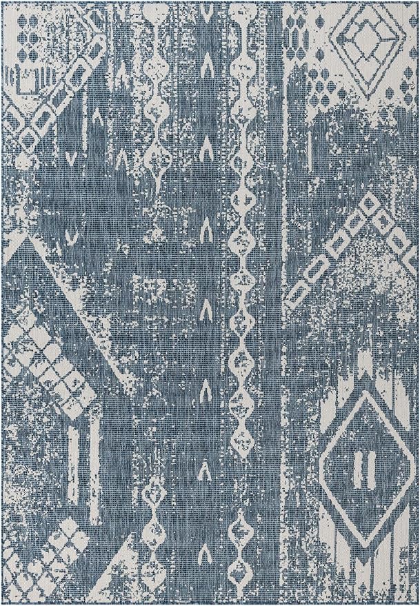 Unique Loom Outdoor Bohemian Collection Area Rug - Anthro (7' 1" x 10' Rectangle, Blue/ Ivory)