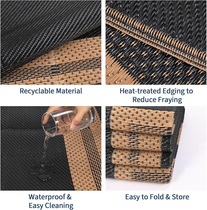 Garvee 8x10 Outdoor Rug Waterproof Plastic Straw Rug Outdoor Patio Rugs Reversible Mat Easy Clean Foldable Lightweight Large Area Rugs for Patio Porch Backyard Camping RV Beach Balcony Panel Brown