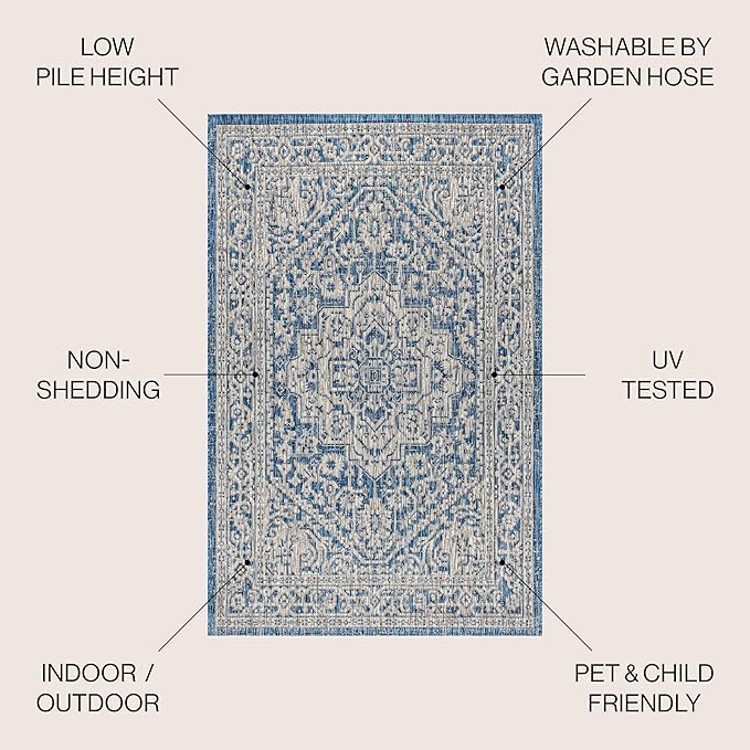 JONATHAN Y Medallion Weave Indoor Outdoor Square Area Rug 6X6 Navy/Gray, Sinjuri Textured for Backyard, Patio, Porch, Easy-Cleaning, High Traffic, Pet-Friendly, Non-Shedding (SMB101B-6SQ)