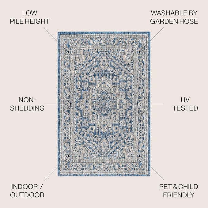 JONATHAN Y Medallion Weave Indoor Outdoor Area Rug 9X12 Navy/Gray, Sinjuri Textured for Backyard, Patio, Porch, Easy-Cleaning, High Traffic, Pet-Friendly, Non-Shedding (SMB101B-9)