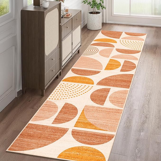 Boho Runner Rug Washable 2x8 Area Rugs Non Slip Modern Abstract | Long Throw Carpet for Hallways Kitchen Bedroom Entryway Bathroom Laundry Soft Low Pile Floor Indoor Bohemian Orange