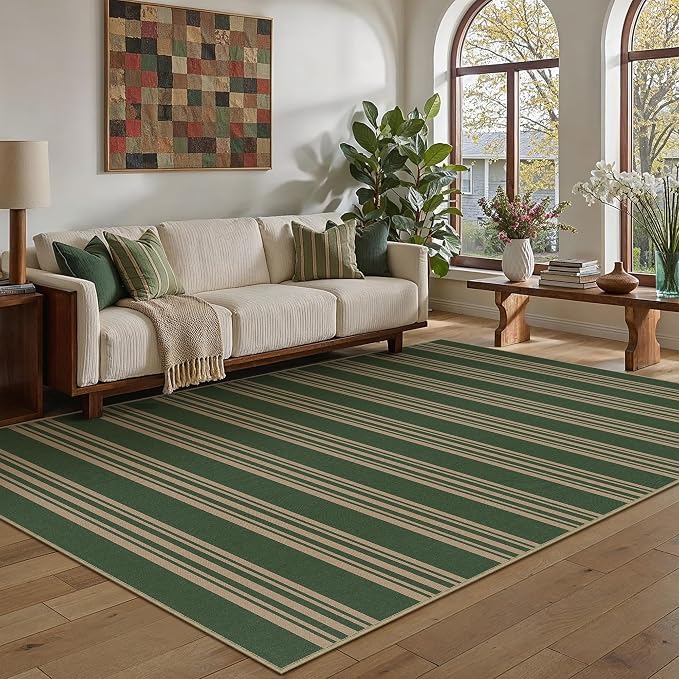 PureCozy Striped Easy Jute Rug 5x7 Green Living Room Carpet Washable Non Slip Bedroom Office Rug Farmhouse Neutral Non Shedding Indoor Outdoor Large Carpet for Kitchen Dining Room