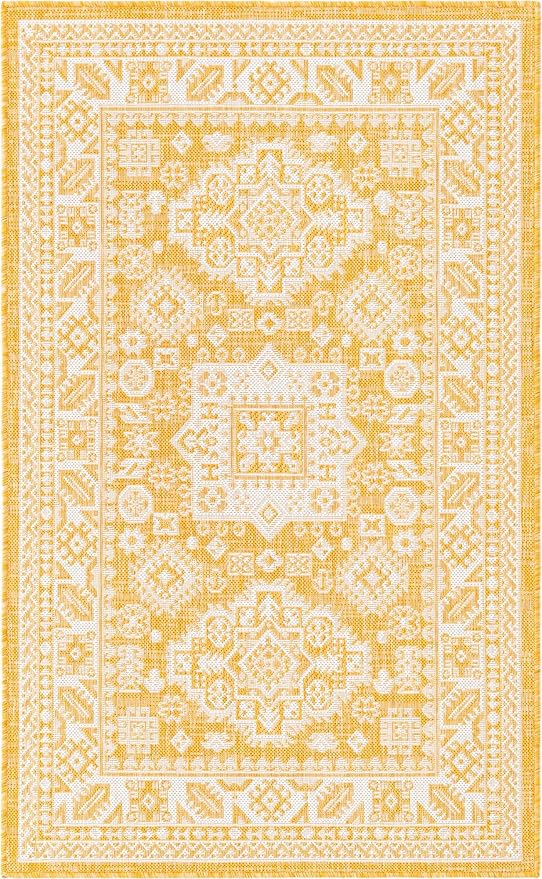 Unique Loom Outdoor Aztec Collection Area Rug - Chalca (3' 3" x 5' 3" Rectangle, Yellow/ Ivory)