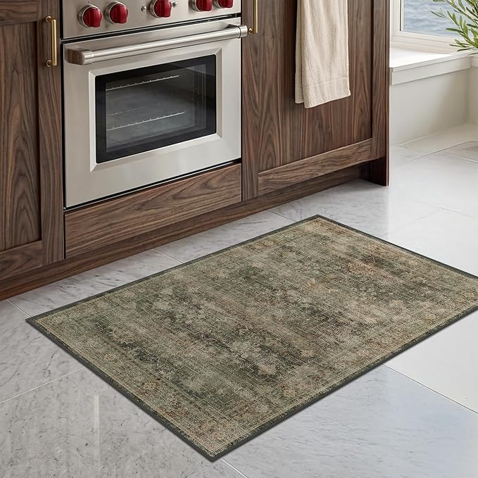 Washable 2x3 Entry Rug for Entryway, Bathroom & Kitchen, Moss Green Low Pile Non-Slip Front Door Mat, Vintage Cottagecore Distressed Geometric Accent Rug, Stain Resistant, Easy to Clean