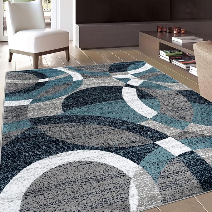 Rugshop Overlapping Circle Modern Geometric Area Rug Blue 5'3" x 7'3" | Indoor, Non-Shedding, Rectangular, Size 5'3" x 7'3", Living Room, Bedroom, Dining Room, Home Office, Kitchen, Entryway