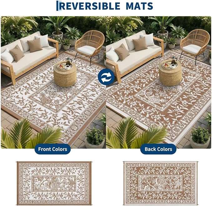 Garvee Outdoor Rug 5x8, Waterproof Reversible Foldable Plastic Straw Rug, Botanical cottagecore Outdoor Rugs Patio Camping RV Carpet for Deck Camper Porch Balcony Backyard Picnic Beach Coffee