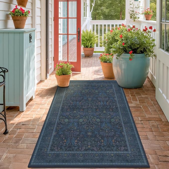 3x5 Large Entryway Rugs, Non Slip Washable Area Rug for Kitchen, Bedroom, Laundry, Navy Low Pile Stain Resistant Flower Victorian Indoor Carpet (Dark Blue)