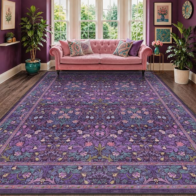 Dark Purple Living Room Rug 8x10, Vintage Violet Floral Area Rugs for Bedroom, Washable Dining Room Under Kitchen Table, Oriental Low Pile Stain Resistant Large Plum Indoor Decor