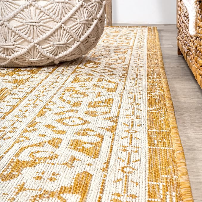 JONATHAN Y Medallion Weave Indoor Outdoor Runner Rug 2X10 Yellow/Cream, Sinjuri Textured for Backyard, Patio, Porch, Easy-Cleaning, High Traffic, Pet-Friendly, Non-Shedding (SMB101I-210)