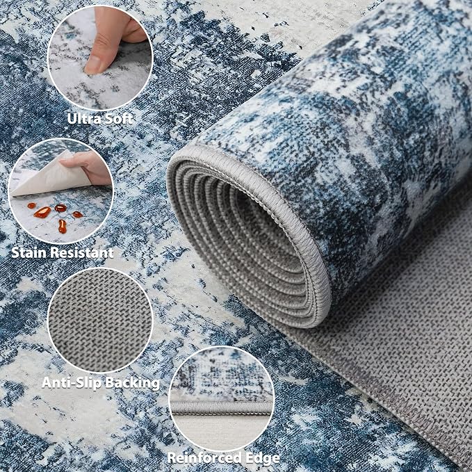 Tosuoka 8x10 Area Rugs for Living Room Abstract Washable Blue Rug | With Anti-Slip Backing，Non-Shedding，Stain-Resistant，Soft Modern Large Carpet for Bedroom Dining Room Farmhouse Nursery