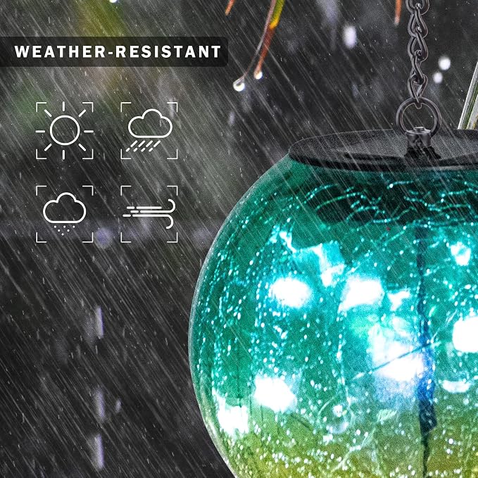 Mosaic Solar Hanging Lantern Green Glass Outdoor Waterproof Solar Lights | Hanging Solar Lights for Outside, Cracked Mosaic Ball Lights Solar Powered Waterproof Garden Lights Housewarming Gifts
