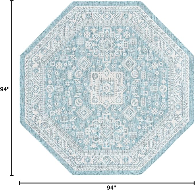 Unique Loom Outdoor Aztec Collection Area Rug - Chalca (7' 10" Octagon, Aqua/ Ivory)