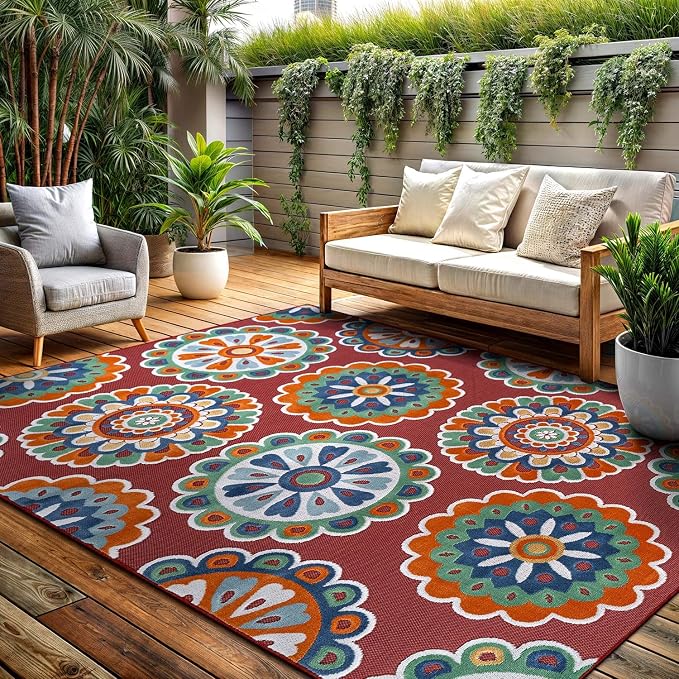 Outdoor Rug 10x14 Washable Area Rugs Indoor Outdoor Carpets Red Bohemian Medallion Non Shedding Waterproof Easy Clean Patio Deck Porch Living Room Bedroom Garden RV (10 X 14 Red)