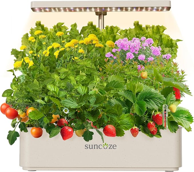 SUNCOZE Hydroponics Growing System, Compact 12 Pods Indoor Garden, Beige | 24W LED Dimmable Grow Light, 4L Water Tank with Quiet Pump, Adjustable Height Herb Garden Planter Indoor Kit, Gardening Gifts