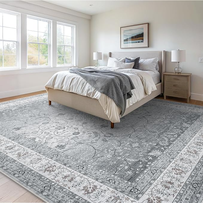 AMADA HOMEFURNISHING 9x12 Area Rugs, Washable Living Room Rug with Non-Slip Backing, Low Pile and Durable Edge Binding, Soft Vintage Floral Rugs for Living Room, Bedroom, Dining Room
