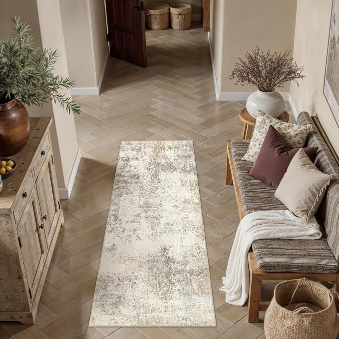 2x6 Beige Brown Modern Abstract Washable Runner Rug for Hallway | Low Pile, Non Slip, Modern Abstract Style, Soft Hallway Runner Rug for Kitchen, Entryway, Laundry Room, Home Decor