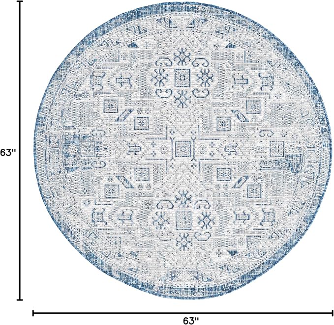 Unique Loom Outdoor Aztec Collection Area Rug - Coba (5' 3" Round, Blue/ Ivory)