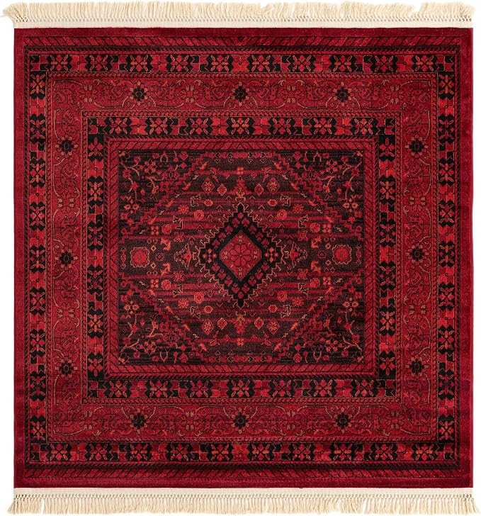 Unique Loom Tekke Collection Area Rug - Sheibani (5' 3" Square, Red/ Black)