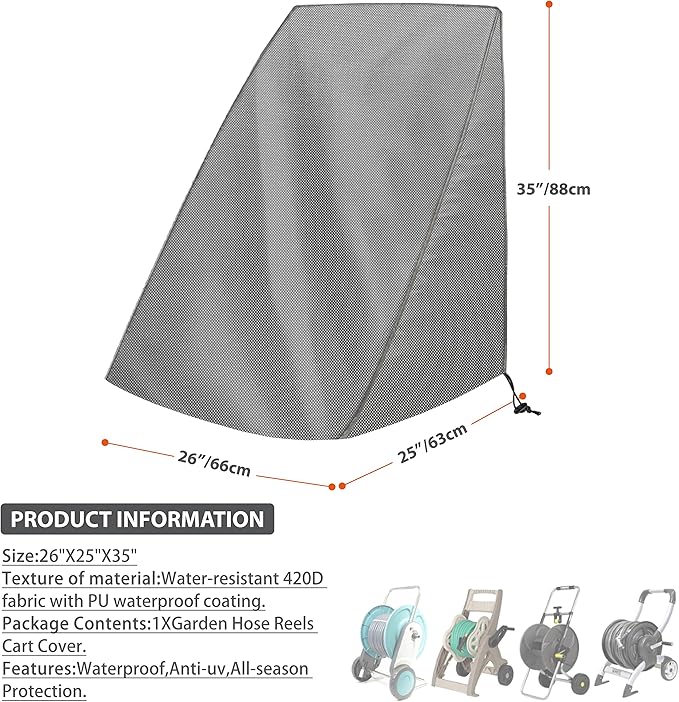 Hose Reel Cart Cover 25.9x24.8x34.6 inch Buckle Fit Cover | 420D Oxford fabric, UV and tear resistant, windproof drawstring, rear hose access, wheeled fit, outdoor use