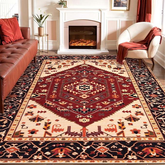 SERISSA 8x10 Washable Non Slip Boho Area Rug for Living Room，Red Black | Ultra Soft Vintage Oriental Carpet Low-Pile Distressed Tribal Throw Carpet for Dining Room Bedroom Dorm Office Home Decor