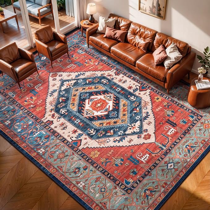SERISSA 7x10 Washable Non Slip Boho Area Rug for Living Room，Rust | Ultra Soft Vintage Oriental Carpet Low-Pile Distressed Tribal Floor Carpet for Dining Room Bedroom Dorm Office Home Decor