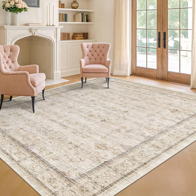 Washable Ivory 6x9 Living Room Rug, Non Slip Dinning Rugs for Under Table, Low Pile Neutral Farmhouse Retro Foldable Carpet for Bedroom, Office