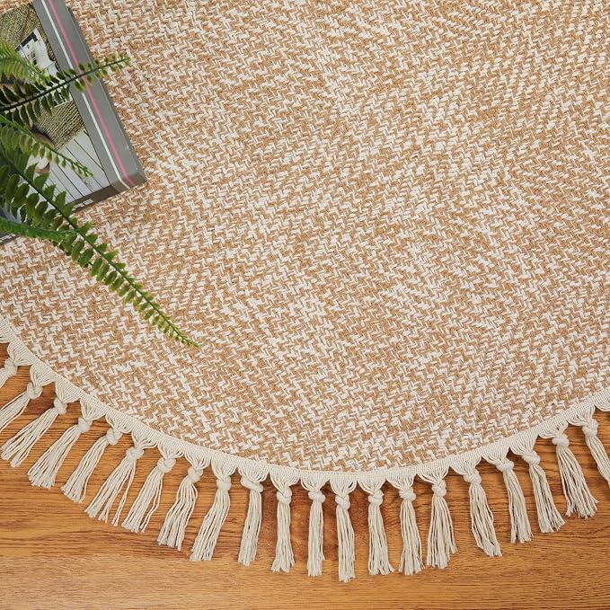 Boho Round Area Rug, Soft Hand Woven Washable Bedroom Carpet 3ft | Modern Farmhouse Bedside Rugs with Tassels, Tan/Cream Circle Nursery Rugs for Living Room Dining Room Table Office