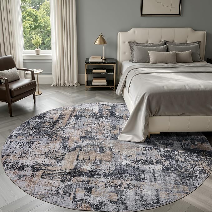 Sasttie 6ft Round Area Rug, Modern Abstract Circle Carpet, Black & Cream | Machine Washable, Ultra-Soft Faux Wool, Low Pile, Non-Slip, Lightweight, Thin, for Living Room, Bedroom, Dinning Room & Dorm