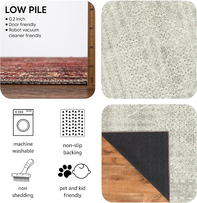 Keen Home Design Vintage Washable Runner Rug, Non-Slip Low Pile, 2x12 | Machine Washable Cotton Chenille, 0.25In Low Pile, Rubber Non-Slip Back; Hallway, Kitchen, Dining Room, Entryway