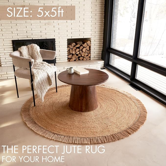 Beautiful 5x5 ft Round Jute Area Rug - Natural Hand Woven Braided Circle | Fits Perfectly Into Your Entry Area, Kitchen or Living Room - Modern Braided Mat Enhances Any Boho Decor