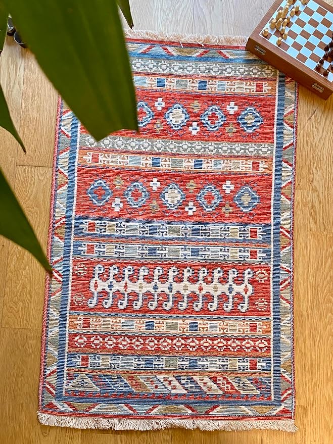 Secret Sea Collection: Modern Kilim Series Small Area Rug, Washable, Reversible, Cotton (2 x 3 feet, Worm Motif)