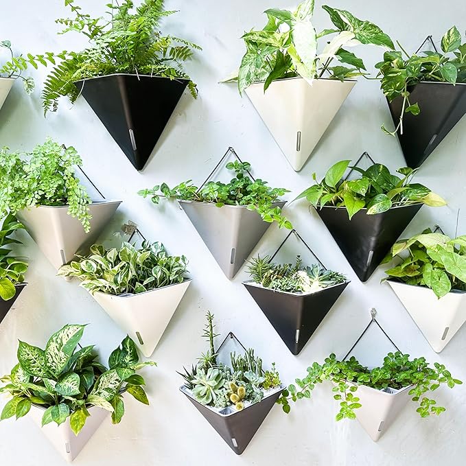 LaLaGreen Wall Planters for Indoor Plants - 4 Pack, 12 Inch Large Self Watering Gray Geometric Hanging Flower Vase Vessel with Metal Hanger, Modern Stylish Wall Mounted Succulent Pot Holder Decor