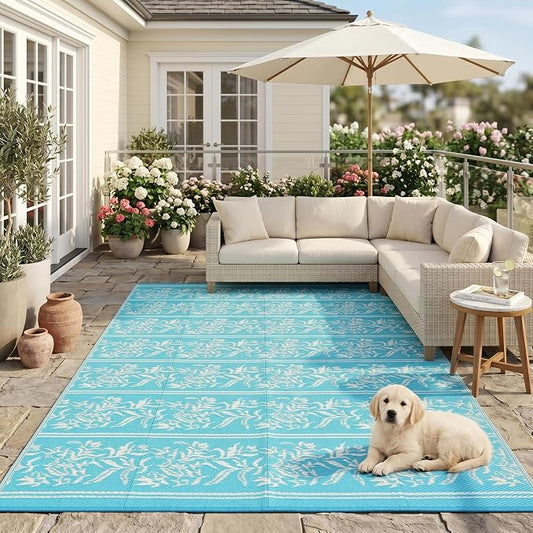 Garvee Outdoor Rugs 5x8 Waterproof Reversible Mat Boho Leaf Patio Rug with 4 Stakes and Starage Bag, Large Outdoor RV Mat Rugs for Camping, Picnic, Balcony, Deck, Backyard, Teal & White