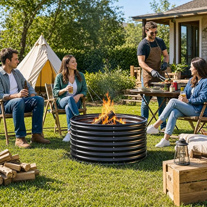 Jotesnew 48 inch Fire Pit Ring, 4x4x2FT Galvanized Fire Ring, Wood Burning Fire Pits Ring, Outdoor Fireplace Height 2FT, Round Camp Fire Ring, Bonfire Pit for Camping, Backyard (4x4x2FT)
