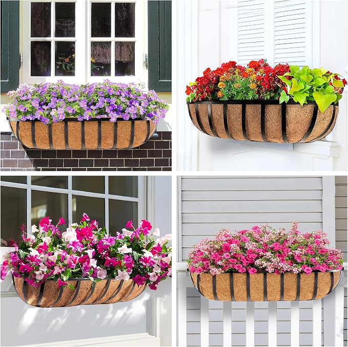 30 Inch 4 PCS Window Box Deck Railing Planter with Coco Liners, Hanging Flower Planters Black Metal Baskets for Indoor Outdoor, Balcony, Porch, Fence, Lawn and Patio