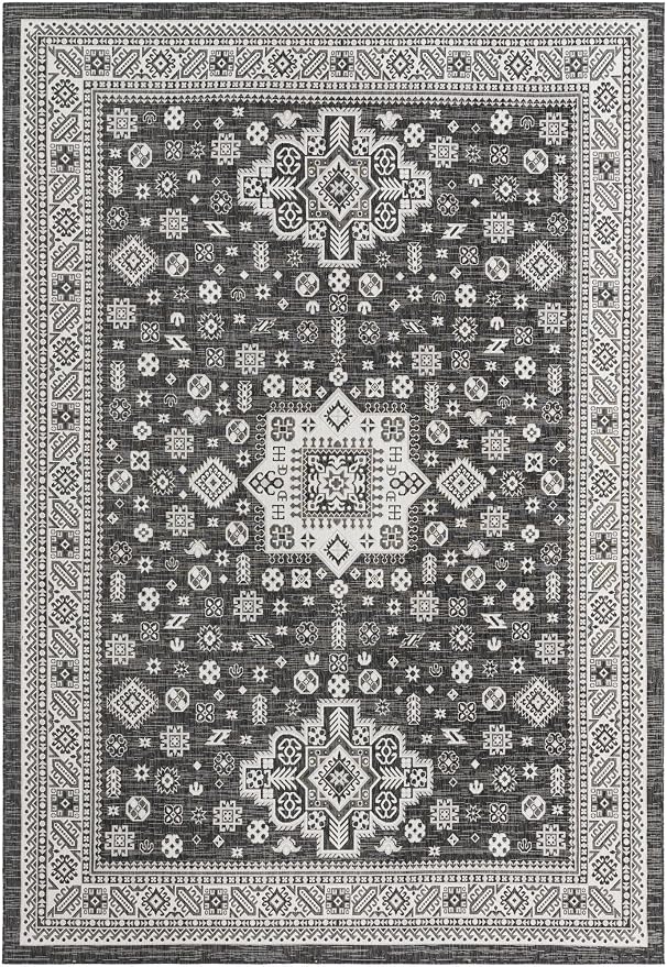 Unique Loom Outdoor Aztec Collection Area Rug - Chalca (10' x 14' 1" Rectangle, Charcoal Gray/ Ivory)