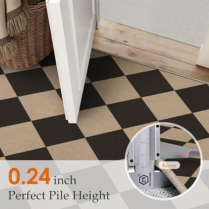 PureCozy 2x8 Checkered Easy Jute Runner Rug Non Slip Hallway Kitchen Washable Outdoor Rug for Entryway Indoor Checkerboard Black Long Indoor Outdoor Carpet for Bedside Entry Front Door Porch