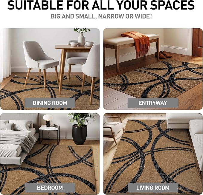 Rugshop Wavy Circles Modern Non-Shedding Area Rug Jute 3'3" x 5' | Rectangular, Size 3'3" x 5', Living Room, Bedroom, Dining Room, Home Office, Kitchen, Entryway, Hallway, Nursery, Kids Room