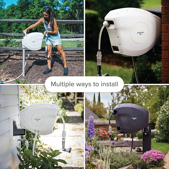 HOSELINK Classic Charcoal 50ft Hi-Flow Automatic Retractable Hi-Flow Garden Hose Reel, 9/16”, UV-Stabilized Kink-Free Hose, Wall Mounted Complete Watering Solution for Backyard, Garden & Outdoor
