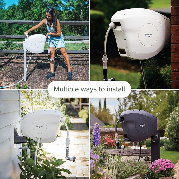 HOSELINK Classic Beige 82ft Hi-Flow Automatic Retractable Garden Hose Reel, 9/16”, 8-Pattern Spray Nozzle, UV-Stabilized Kink-Free Hose, Wall Mounted Watering Solution for Backyard, Garden & Outdoor