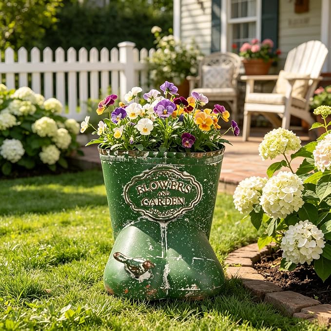 Vintage Distressed Boot Planter, Rustic Flowers & Garden Metal Rain Boot Plant Pot, Farmhouse Succulent Herb Planter for Indoor Outdoor Home Garden Patio Decor (Green - Small)
