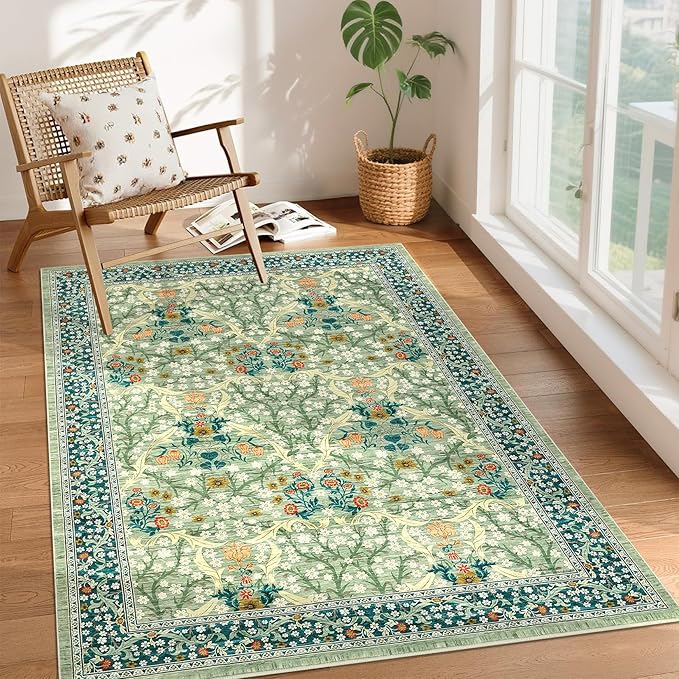GarveeHome 4x6 Washable Area Rug for Living Room, Floral Large Entryway Kitchen Rug Non Slip, Ultra Soft Stain Resistance Carpet for Bedroom Laundry Room, Sage Green