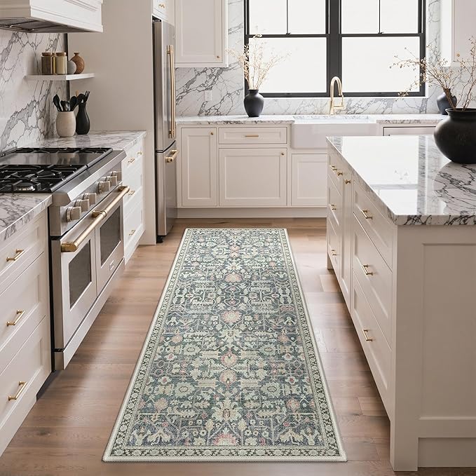 2x10 Kitchen Runner Rug, Washable Non Slip, Green/Blue | Vintage Floral Design, Spill Resistant Lightweight Low Pile Carpet for Hallway, Bedroom, Laundry Room, Bathroom