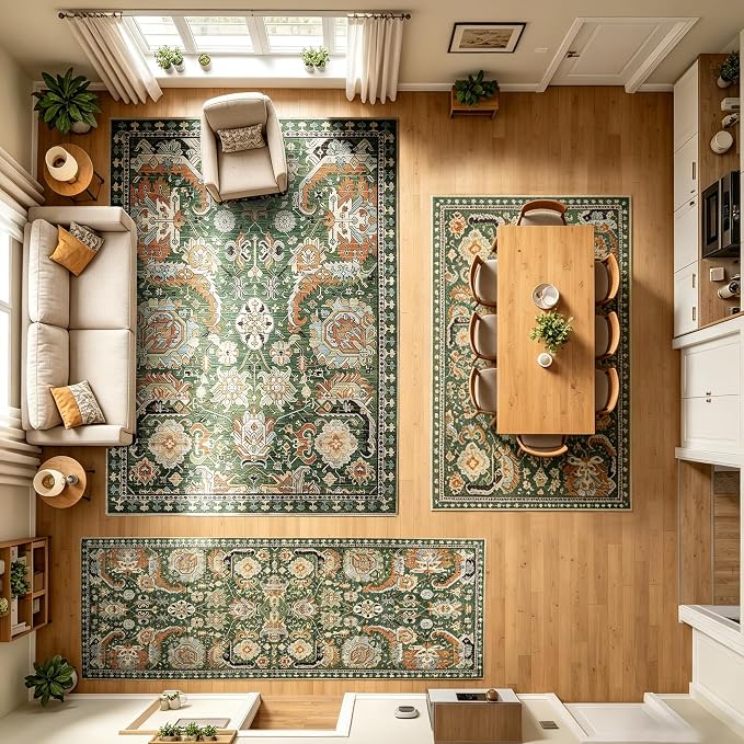 Washable Area Rugs - Perfect for Living Room, Bedroom, Kids Room, Nursery - Stain & Water Resistant Non-Slip, Pet & Child Friendly, Vintage Tribal Area Rugs (Green, 4' x 6')